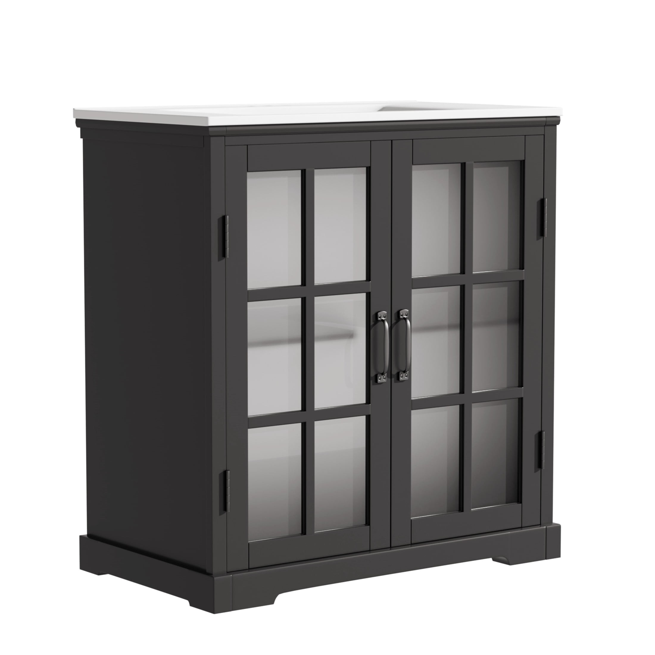 Christopher Knight Home 30" Bathroom Vanity with Ceramic Sink, Blurred Glass Doors, Wood Frame, Black