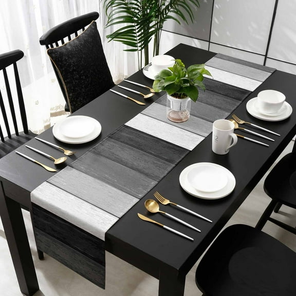 Black Grey Ombre Cotton Linen Table Runner 13 x 90 inch Farmhouse Vintage Wooden Striped Non-slip Rectangular Dining Table Decor for Wedding Party Holiday Dinner