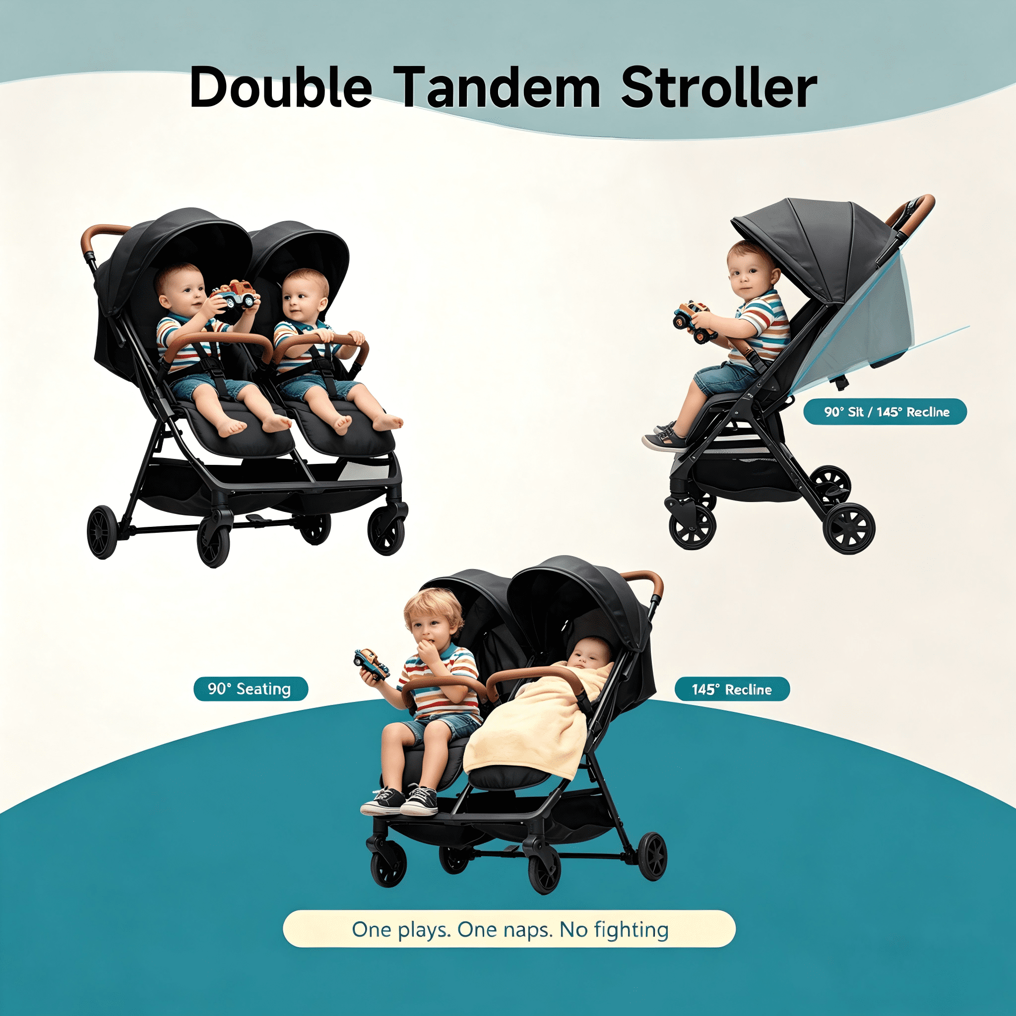 Double Tandem Stroller for 2 Kids Side by Side(6-36 months) - Ultra-Lightweight Self-Standing, Multi-Position Recline, UPF50+ Canopy, All-Terrain Shock Absorption, Large Storage, Easy Fold for