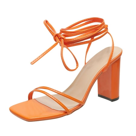 Ladies Fashion Summer Solid Women High Heels Shoes Color Leather Ankle Cross Comfortable High Heels for Women Cute Strap Chunky High Heel Shoes for Women High Heel Sandals