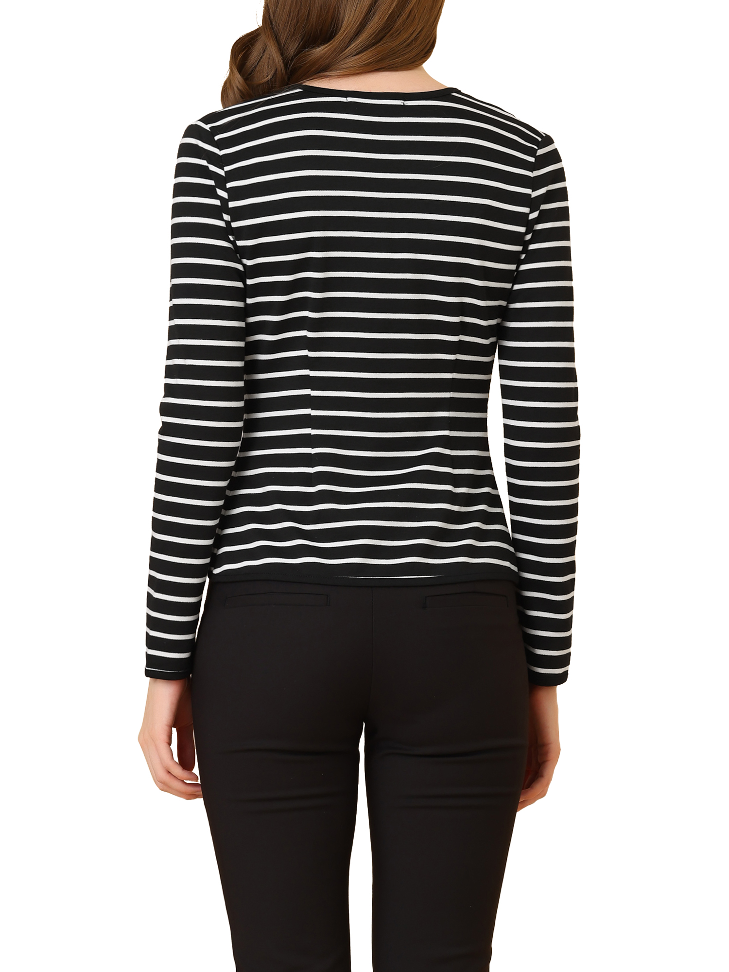 Women's Notched Lapel Button Decor Thin Striped Blazer L Black - image 3