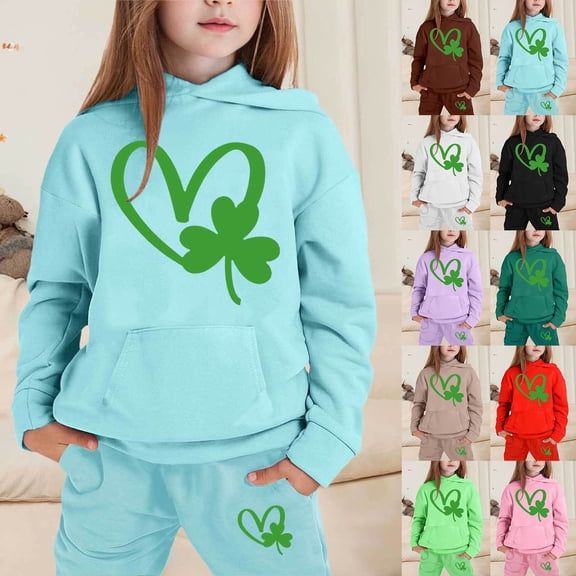 CHENge Spring Outfit Floral Pant Children's Long Sleeved St. Patrick's Day Printed Hoodie Top Hoodie Pant Set Medium Girl Clothes