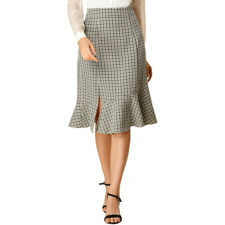 INSPIRE CHIC Women's Elegant Plaid Tartan Flared Fishtail Split Hem Midi Skirt XS Apricot