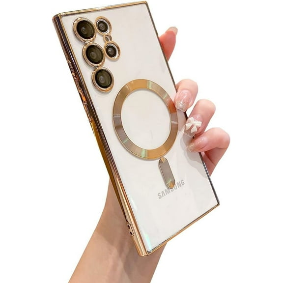 for Samsung Galaxy S22 Ultra Case Clear with Camera Lens Protector Full Protection MagSafe Electroplated Silicone Slim Fit Shockproof Protective Case Cover 6.8 Inch - Gold