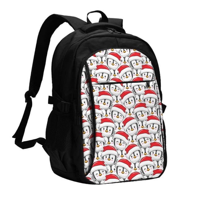 Balery Cute Christmas Hat Penguin Mochila con carga USB para hombre y mujer - Mochila impermeable y antirrobo para laptop con puerto USB para viajes, trabajo