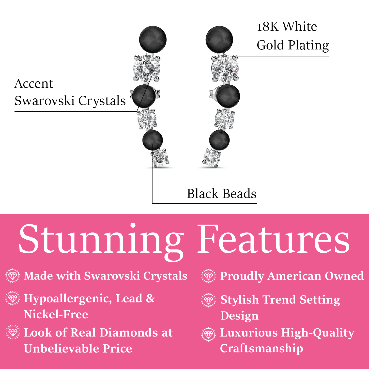Cate & Chloe Juniper 18k White Gold Plated Wrap Earrings with Swarovski and Black Beads for Women