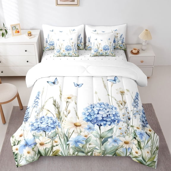Erosebridal Flying Blue Butterflies Twin Bedding Sets 7-Piece For Girls,Teens Floral Daisy Flowers Bedding Comforter Set,Super Cozy Room Decor