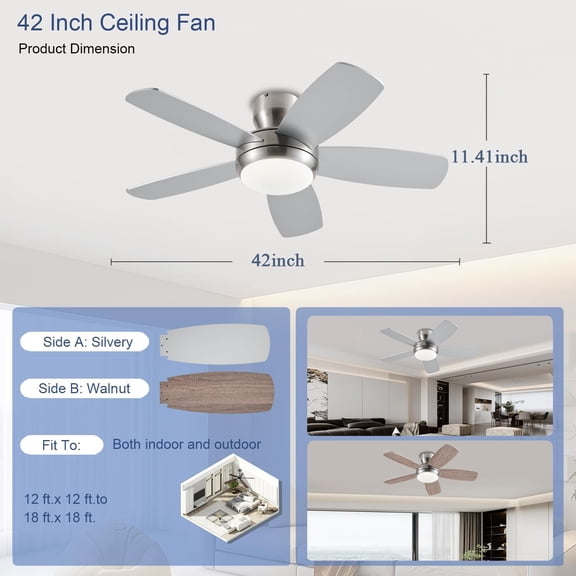 42 Inch Ceiling Fan with Light and Remote/App Control, Low  Flush Mount Double-sided Blades 3CCT Dimmable Noiseless Nickel for Indoor Outdoor
