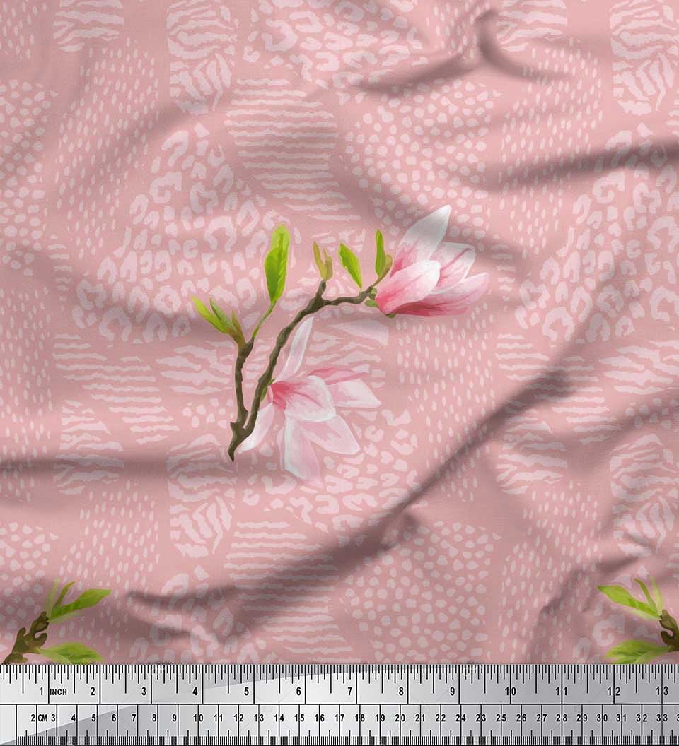 Soimoi Silk Fabric Animal Skin Leaves Pink Flower Print Fabric By The soimoi-silk-fabric-animal-skin-leaves-pink-flower-print-fabric-by-the