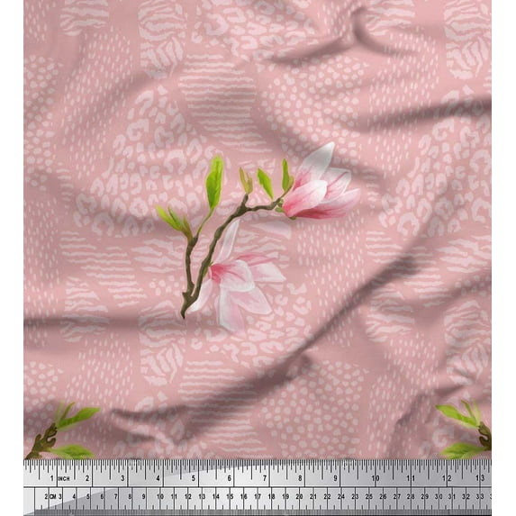 Soimoi Moss Georgette Fabric Animal Skin,Leaves & Pink Flower Printed Craft Fabric by the Yard 42 Inch Wide