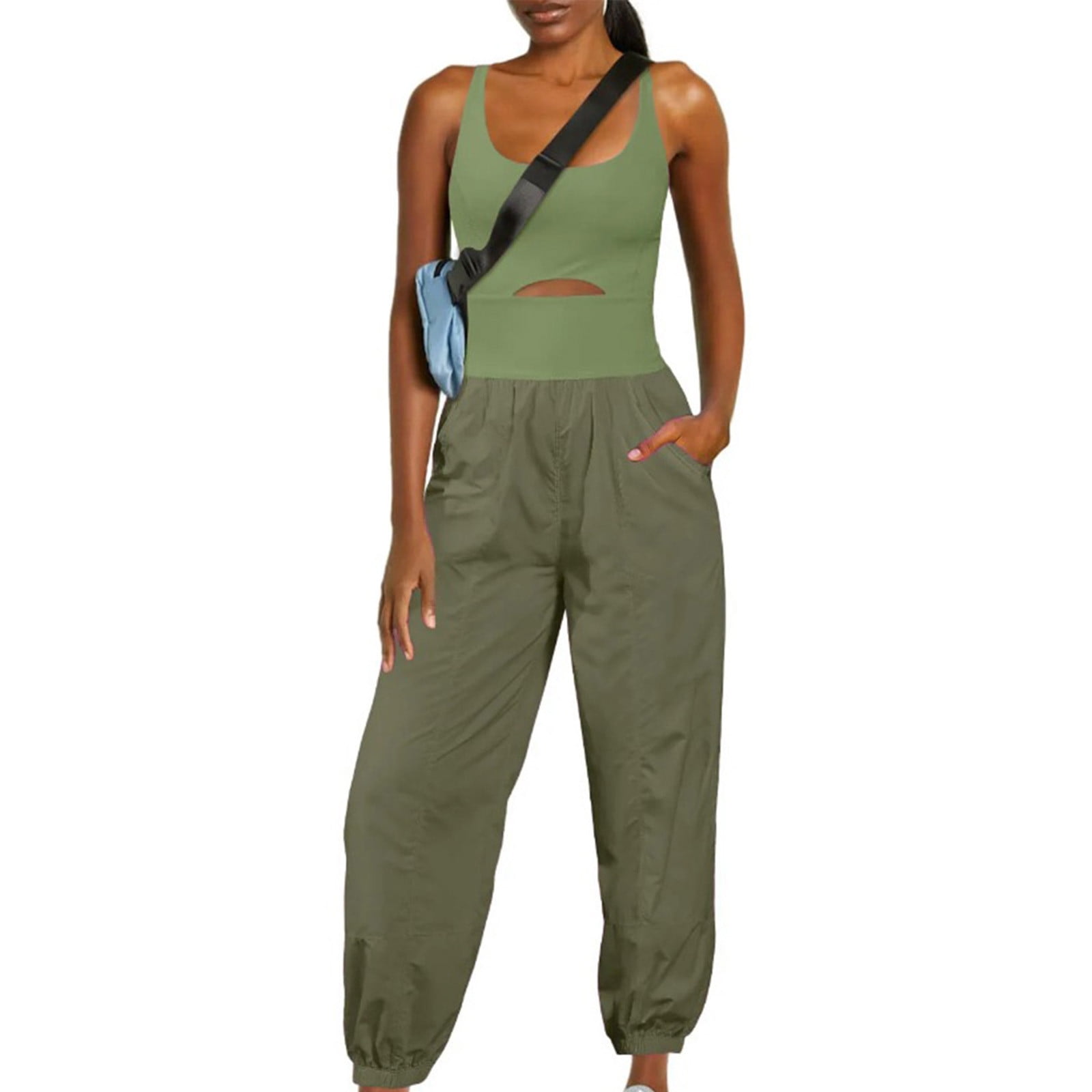 aidice Athletic Jumpsuits for Women Summer U Neck Sleeveless Keyhole Crisscross Backless Jogger Rompers