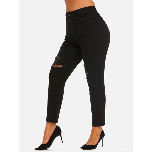 Pantalón Talla Extra Rasgado Cintura Alta Rosegal Vaqueros de talla grande