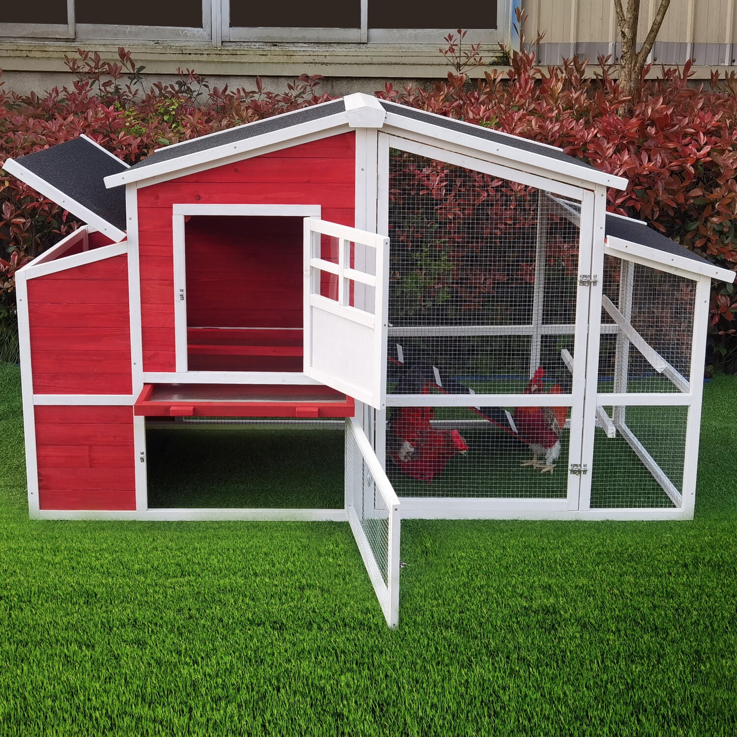 Hanover Outdoor Elevated Red Wood Chicken Coop with Ramp, Wire Mesh Run