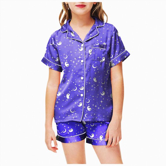 TOWED22 Big Girls Halloween Button Down Sleepwear Short Sleeve With Shorts 2PCS Pajama Sets 2-13T Casual Lapel Loungewear Patterns Printed(Purple,8-9 Y)
