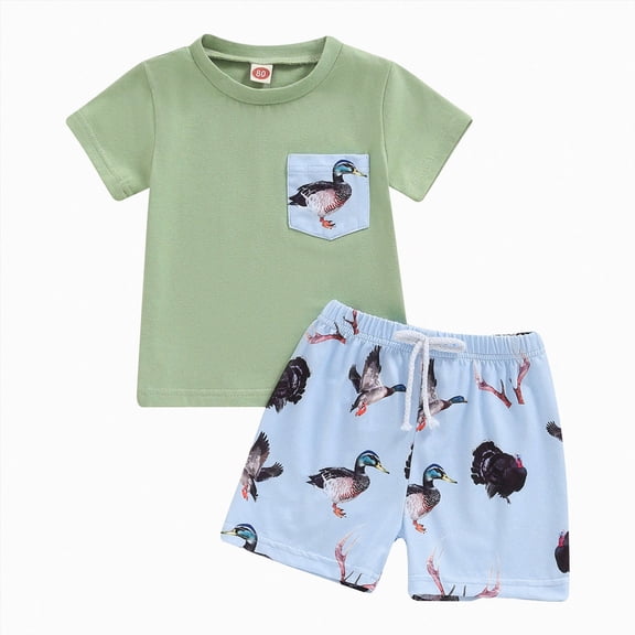 Toddler Baby Boy Summer Outfit Mallard Duck Print Boys Outfits Short Sleeve Crewneck T Shirt Shorts Green 18-24 Months