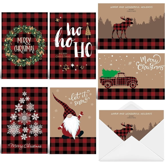 Christmas Cards 24 Pack with Envelopes, Buffalo Plaid Pattern, 5 x 7.2 Inches, 6 Designs, Holiday Greeting Cards Assortment