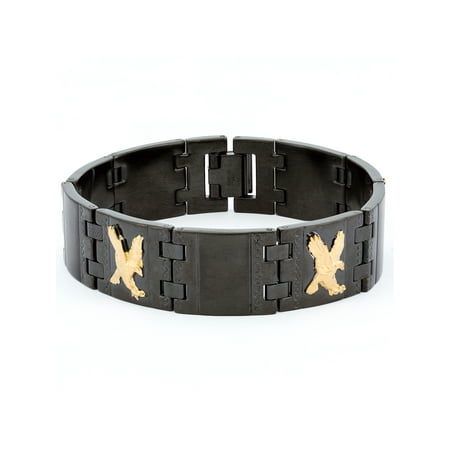 Men's Black Steel Large Link Bracelet with Yellow-Tone Eagle, 8-1/2