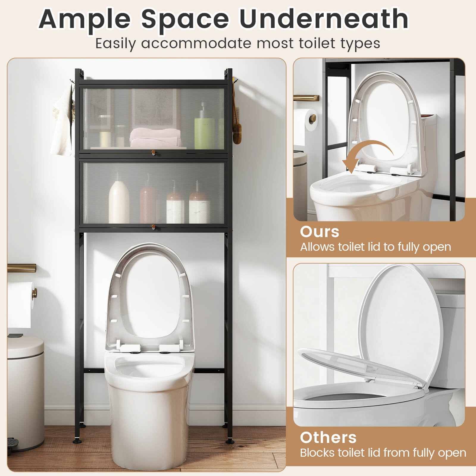 Costway 66” Bathroom Organizer with 2 Flip-up Cabinets, See-through Fluted Doors, 4 Hooks Black