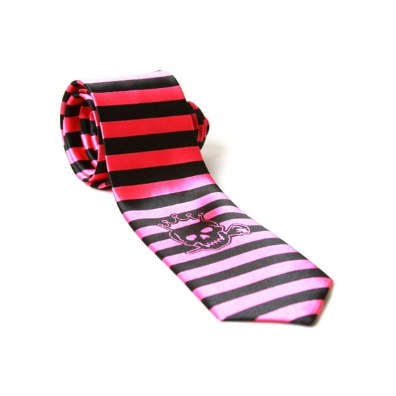 Trendy Skinny Tie - Black and Hot Pink Horizontal Striped with Skull