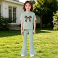 thumbnail image 2 of UACY Girls Fashion Clothes Leopard Bow 2 Piece Outfits Kids Cute Clothing Sets Short Sleeve T Shirt Matching Flare Pants Set (Green, 4-5 Years), 2 of 5
