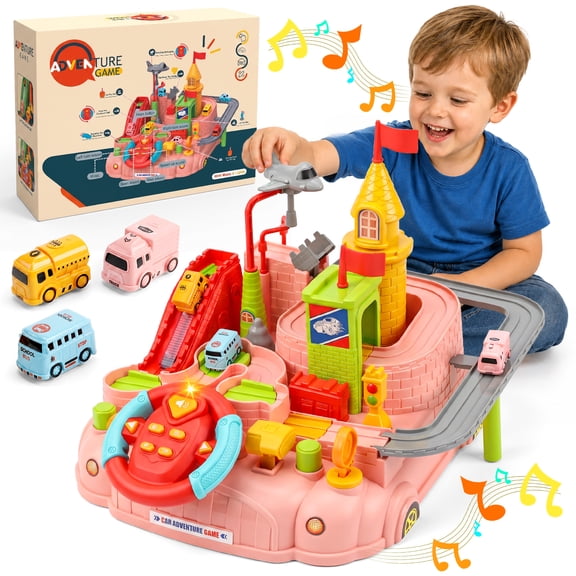 UUSUOO Car Adventure Toy for Kids,Race Track Toy with Steering Wheel, Lights, Music & 3 Mini Cars,Vehicle Playsets for Boys, Birthday Gift for Boys Girls Age 3-6, Pink