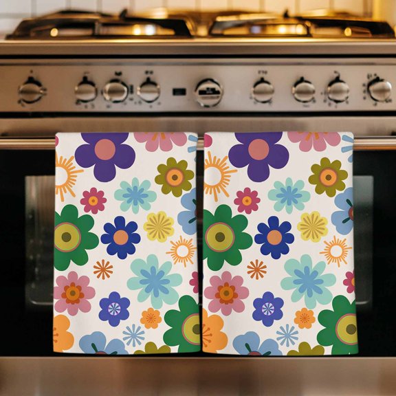 Retro Bohemia Floral Kitchen Towels Set of 2, Blue Purple Flowers Boho Style Beige Absorbent Dish Towels for Kitchen, Microfiber Hand Towel, Quick Drying Tea Towel for Cleaning Decorative Dishcloths