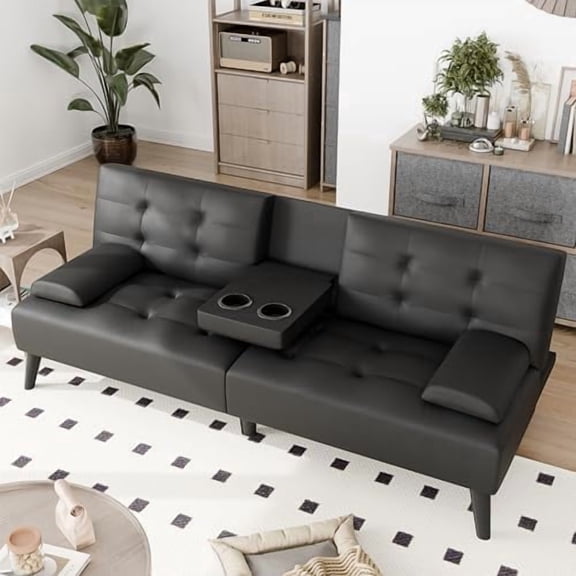 Futon Sofa Bed, Modern Convertible Folding Loveseat - Multi-Functional Recliner with 3-Angle Adjustment, Detachable Armrests with Cup Holders - Ideal for Small Spaces, Black Leather$$Furniture