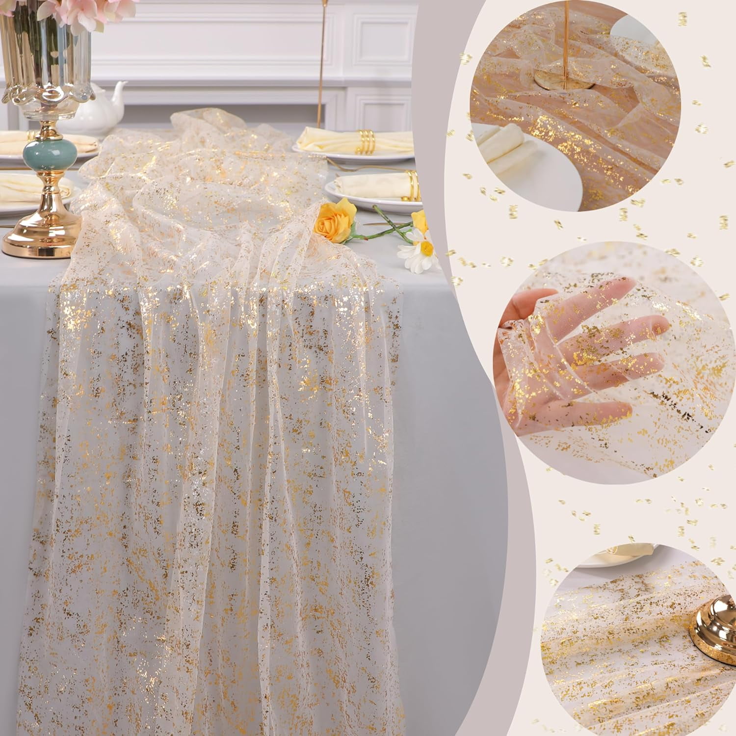 Dalrosia 10FT Gold Table Runner, Gold Gauze Sheer Chiffon Cheesecloth Runner Sequin Glitter Metallic Foil, Gold Party Table Decorations Centerpiece for Wedding Birthday Christmas Bridal Baby Shower