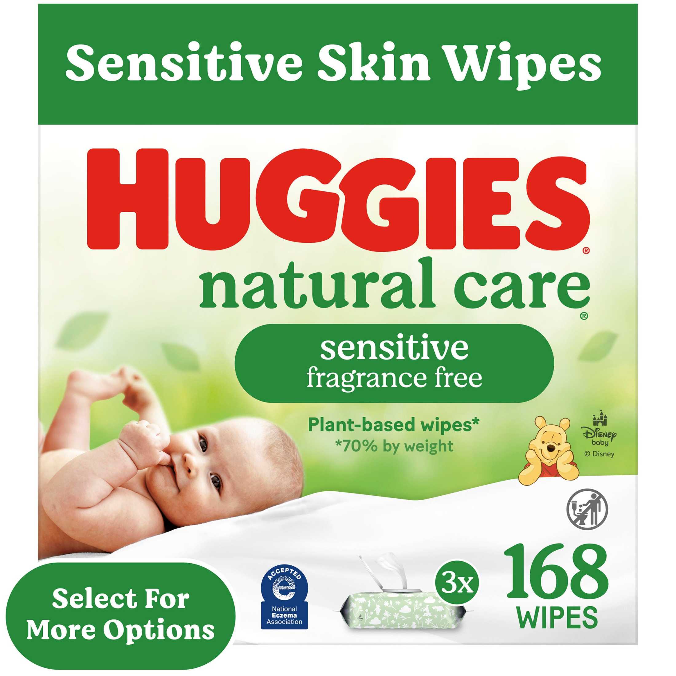 Huggies Natural Care Sensitive Baby Wipes, Unscented, 3 Flip-Top Packs, 168 Count