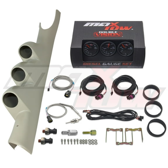 MaxTow | 2003-2009 3rd Gen Dodge Ram 24 Valve 5.9 Cummins Taupe Triple Gauge Pillar Pod with Black & Green Double Vision Series 60 PSI Boost Gauge, 1500 F EGT Pyrometer & 30 PSI Fuel Pressure Gauge