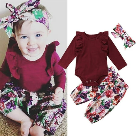 

Qtinghua 3PCS Newborn Infant Baby Girls Romper Bodysuit Top +Floral Harm Pants +Headbans Fall Winter Outfits