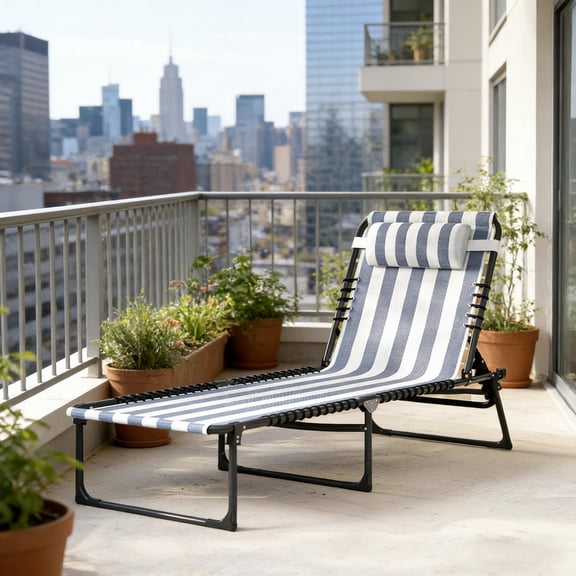 White & Blue Mesh Outdoor Chaise Lounge - Portable Reclining Beach Chair with Steel Frame - Ideal for Poolside, Camping & Relaxing Patio Seating