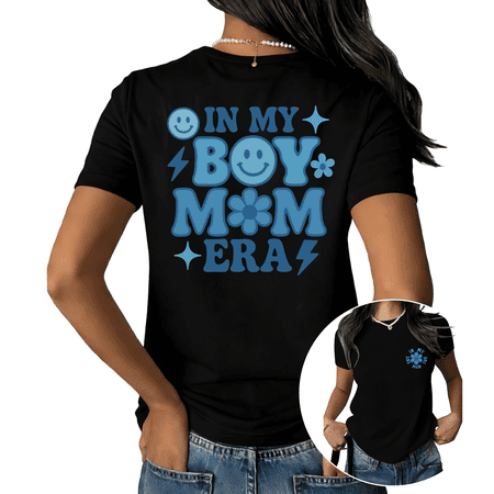 Black S-5XL In My Boy Mom Era Print Tshirt Graphic Tees Shirts Cute Motherhood Trendy Retro Smile Casual Summer Gift Tops