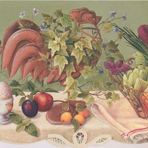 Concord Wallcoverings Fruits Floral Wallpaper Border Featuring Apples Pears Plums Eggs Flowers Leaves, Colors Red Pink White Purple Green, Size 9.25 Inches by 15 Feet CP033133B