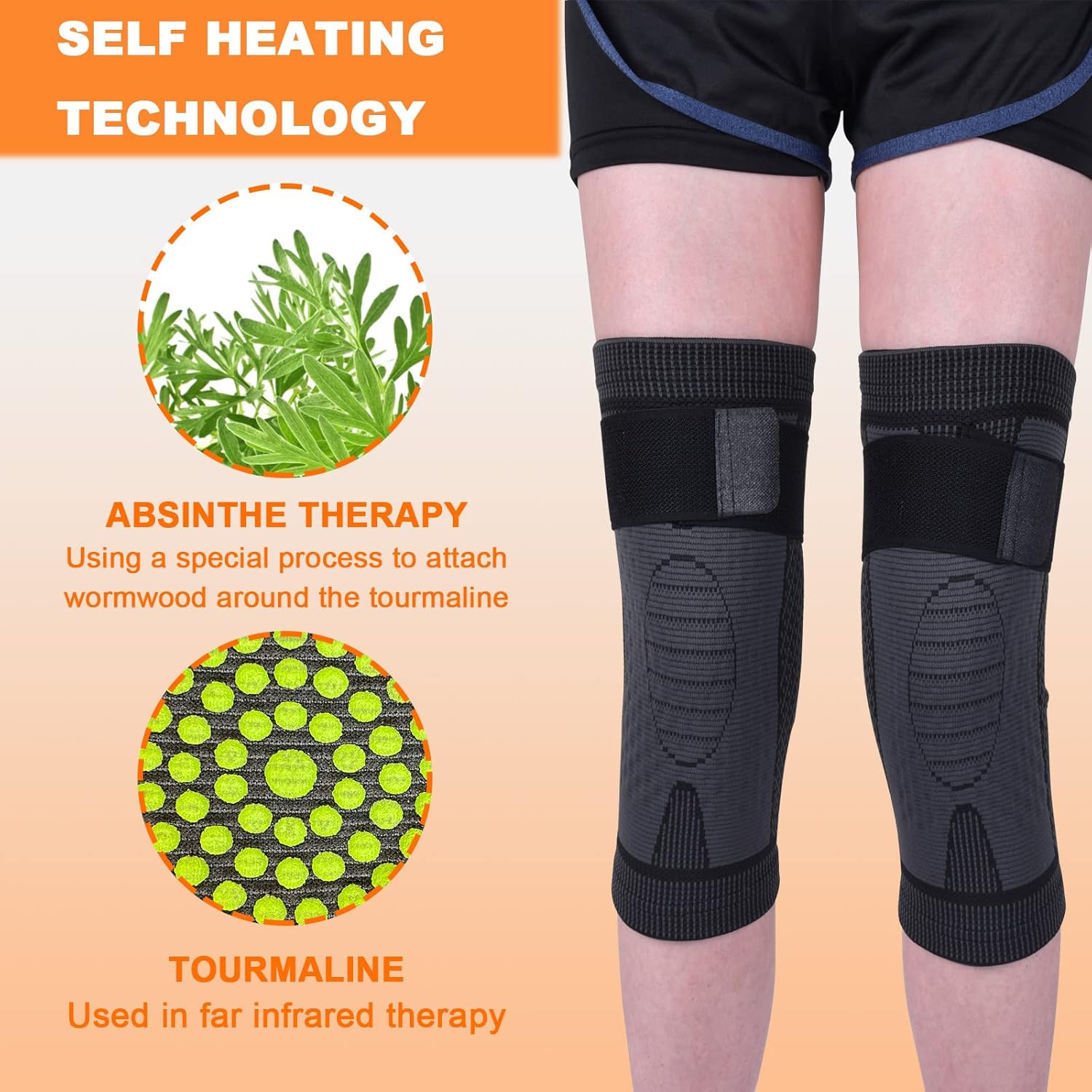 Genouillère Auto-chauffante Tourmaline – Acupression, Anti-dérapant, Orange, Taille L