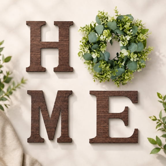 Wooden Home Sign Wall Hanging Decor, Wood Letters For Wall Art With Artificial Eucalyptus Wreath, Rustic Home Decor Farmhouse, Wood Wall Art For Entryway Living Room Kitchen, Brown, Housewarming Gift