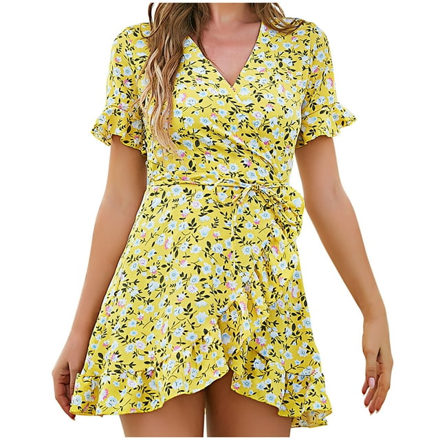 Women's Summer Wrap Dress Casual Boho Floral Print V Neck Short Sleeve Sundress Ruffle Hem Beach Flowy Mini Dress