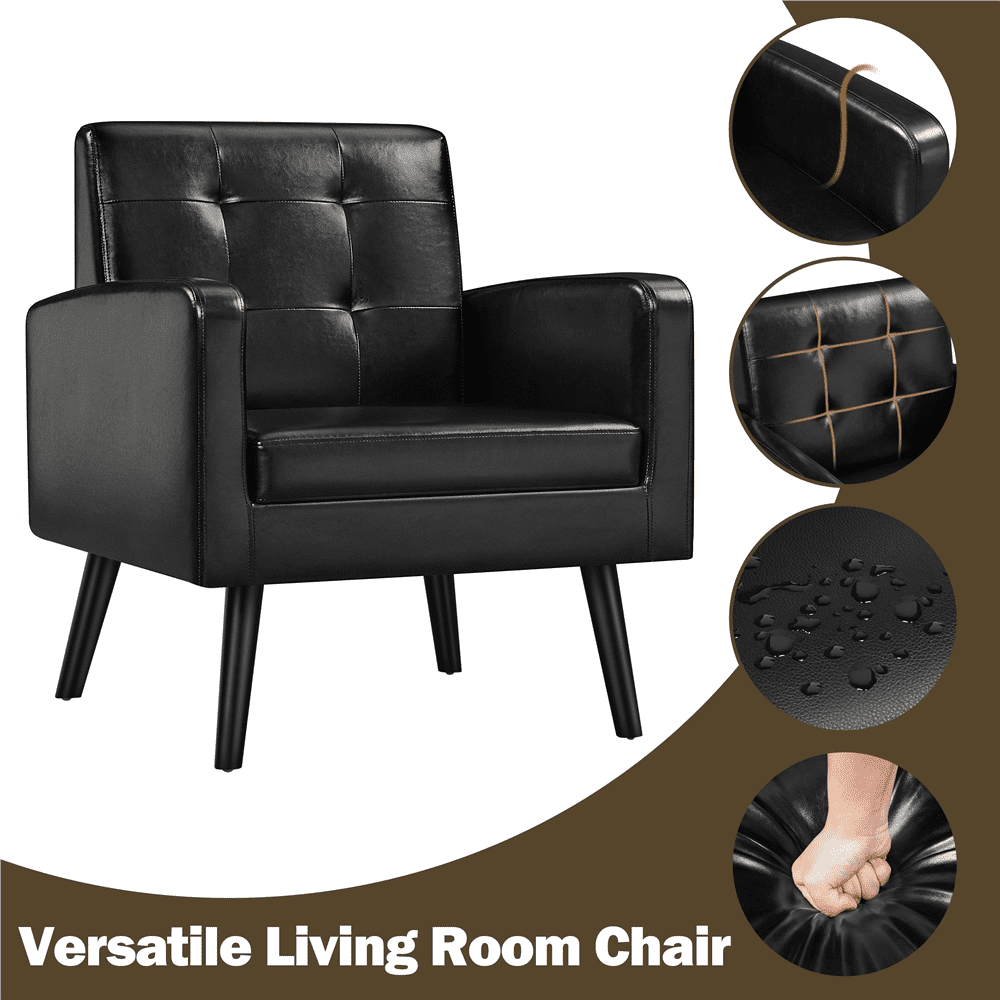 Alden Design Mid Century Modern Faux Leather Accent Chair with Solid Wood Legs, Set of 2, Black