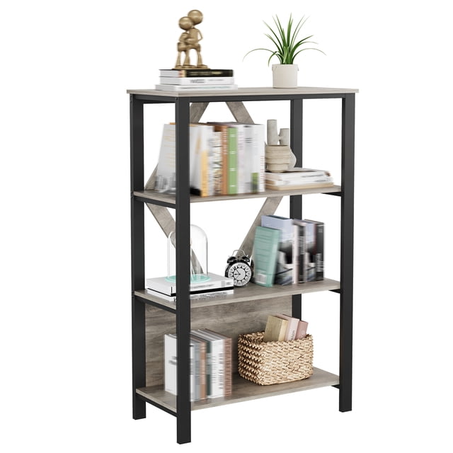 4 Tier Bookshelf with LED Lights, Bookcase with Open Display Shelves, Wood and Metal Standing Bookshelf with Storage Rack for Living Room Bedroom Home Office