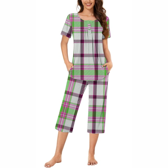 Rbaofujie Pyjama pour Filles pour Femmes, Col Rond, Imprimé à Carreaux, Manches Courtes, Ensemble Chemise de Nuit et Pantalon, Tenue d'Intérieur, Pyjama avec Poches, Peignoir