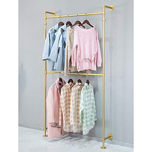 FODUE Perchero industrial para ropa, barra para ropa de hierro negro montada en la pared, barra para colgar multiusos para almacenamiento en armario (dorado)