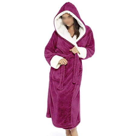 

Cindysus Ladies Sherpa Robes Solid Color Sleepwear Hooded Fuzzy Plush Bathrobe Loose Home Long Sleeve Dressing Gown Rose Red S