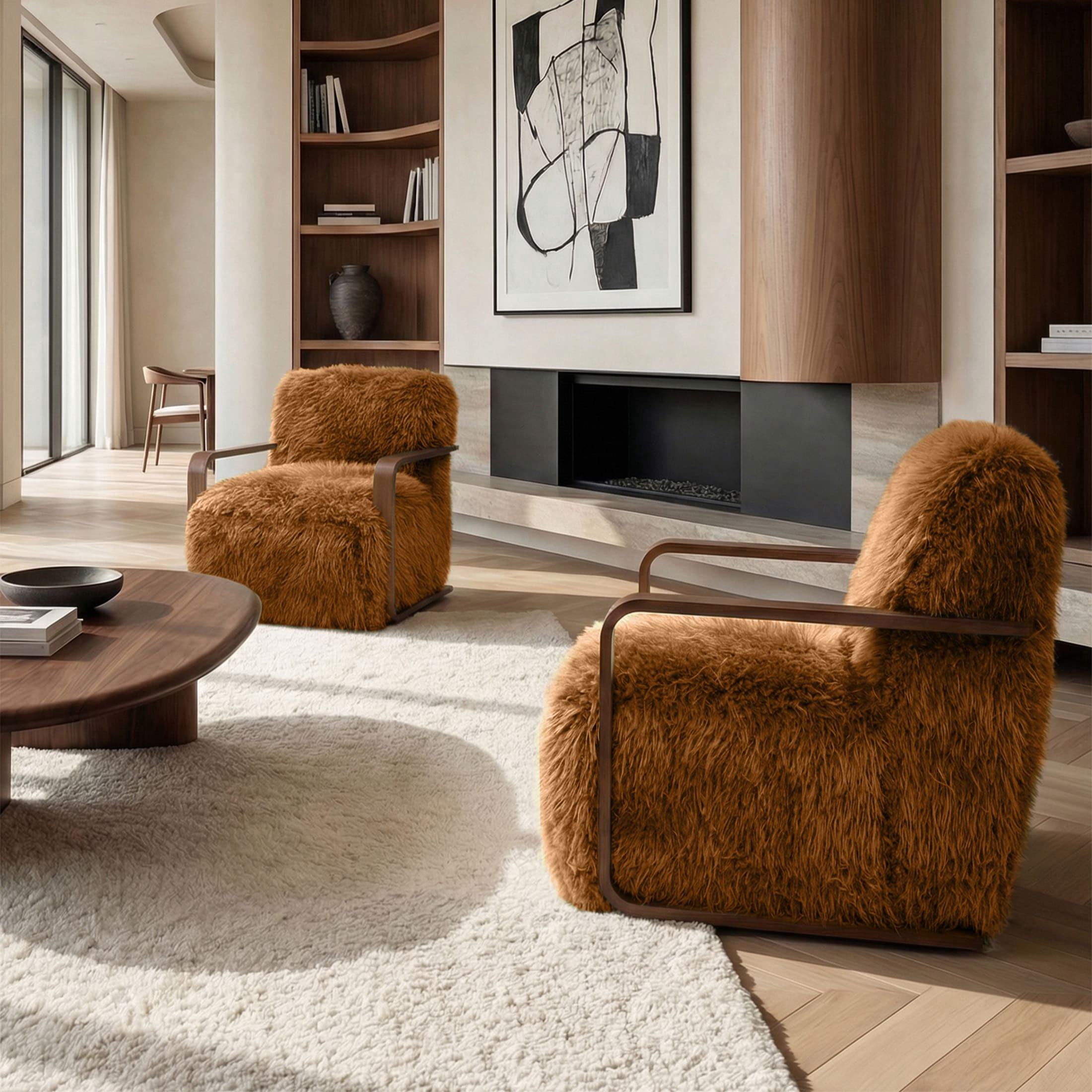Aenkyo Yeti Contemporary Faux Fur Accent Chair with Dark Walnut Wood Arms, Orange