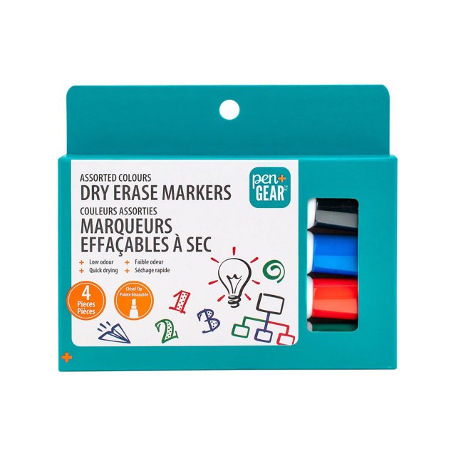 Pen+Gear Dry Erase Markers, Chisel Tip, Assorted Ink Colors, 4 Count