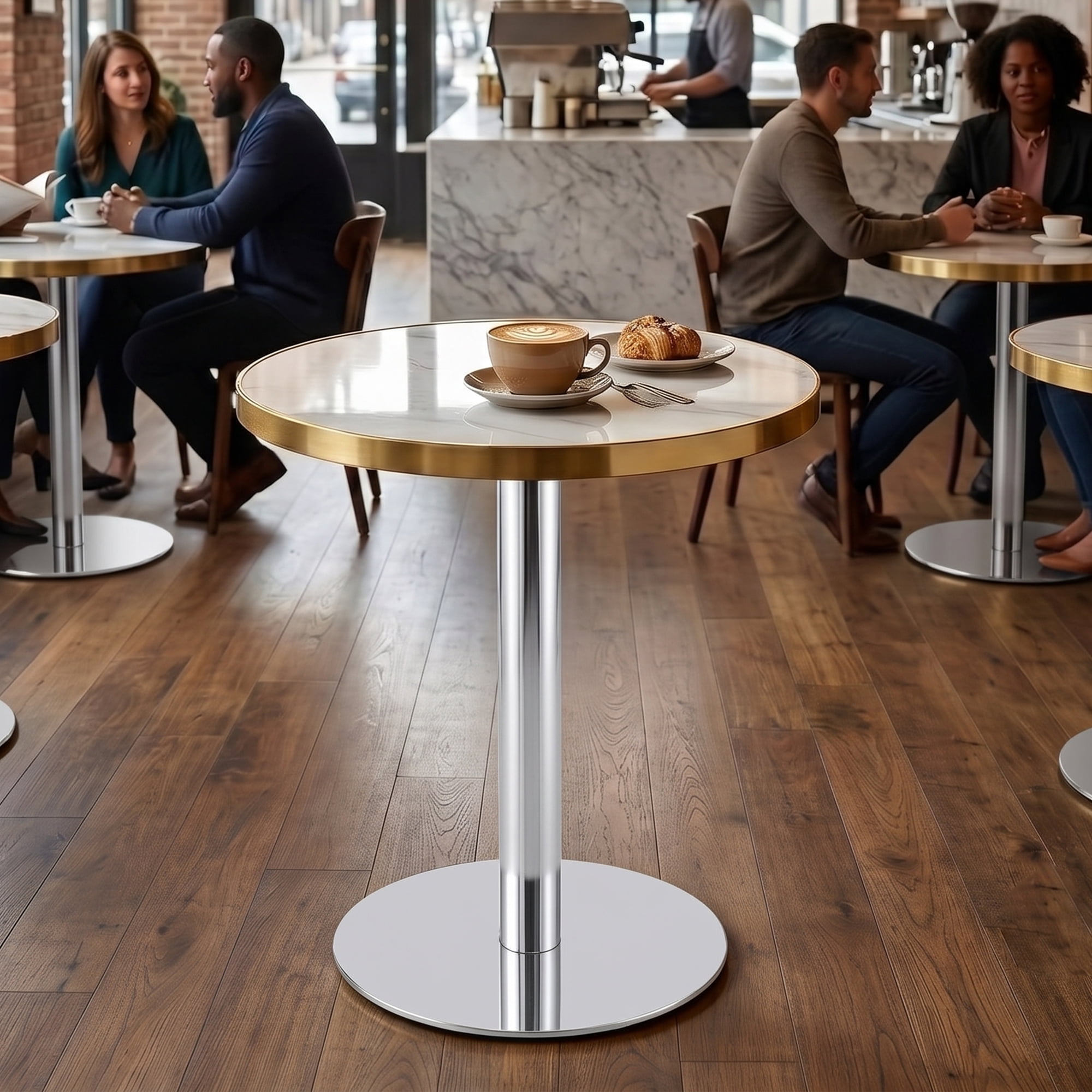 Minimalist Round Bistro Table, 23.6" Faux White Marble Cafe Table with Silver Stainless Steel Base & Edge Banding, High-Gloss Corner Accent Dining Table for Small Spaces Office Salon