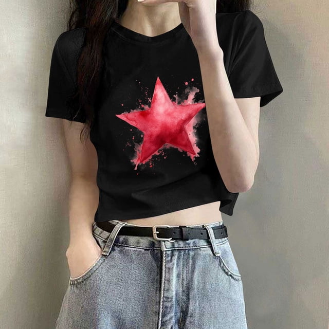 T-Shirt Blouse Court à Manches Courtes et Col Rond Imprimé Décontracté pour Femmes