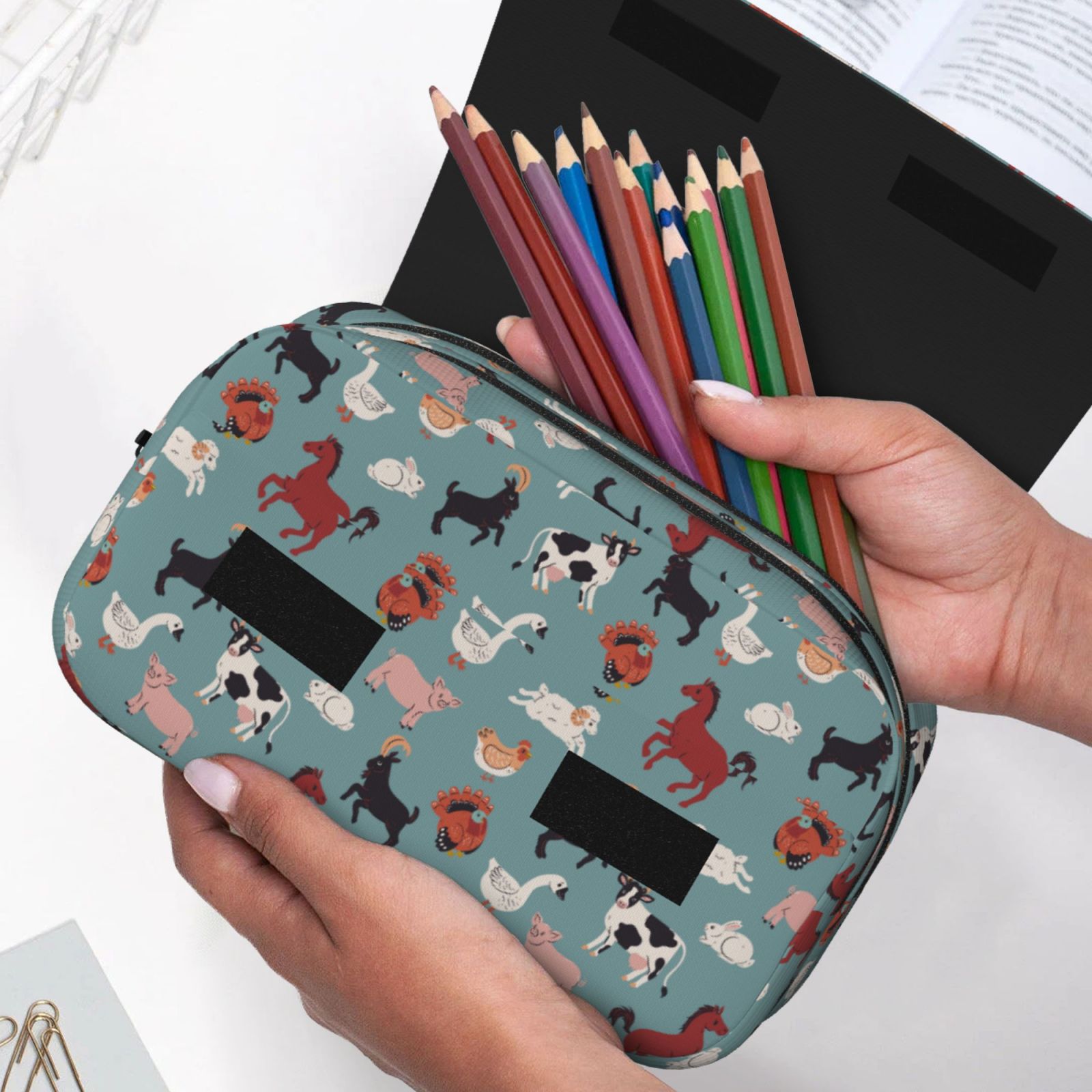 Rateoe Farm Animals 1 Pattern Double Clamshell Pen Case, Storage Organizer with Two Zipper Compartments– Holds Up to 50 Pencils & Pens