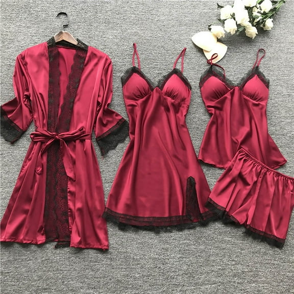 Puntoco Women's 4 Piece Sleepwear Floral Satin Cami Pajama Set Silk Nightgown with Robe Red XXXXXL