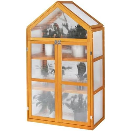 Wooden Greenhouse, Cold Frame Greenhouse for Outdoor，Raised Flower Planter Shelf with Transparent Flip-Top Roof，Mini Greenhouse Cabinet for Outside 29” W x 15”D x 50” H (Fir Wood)$$Garden &