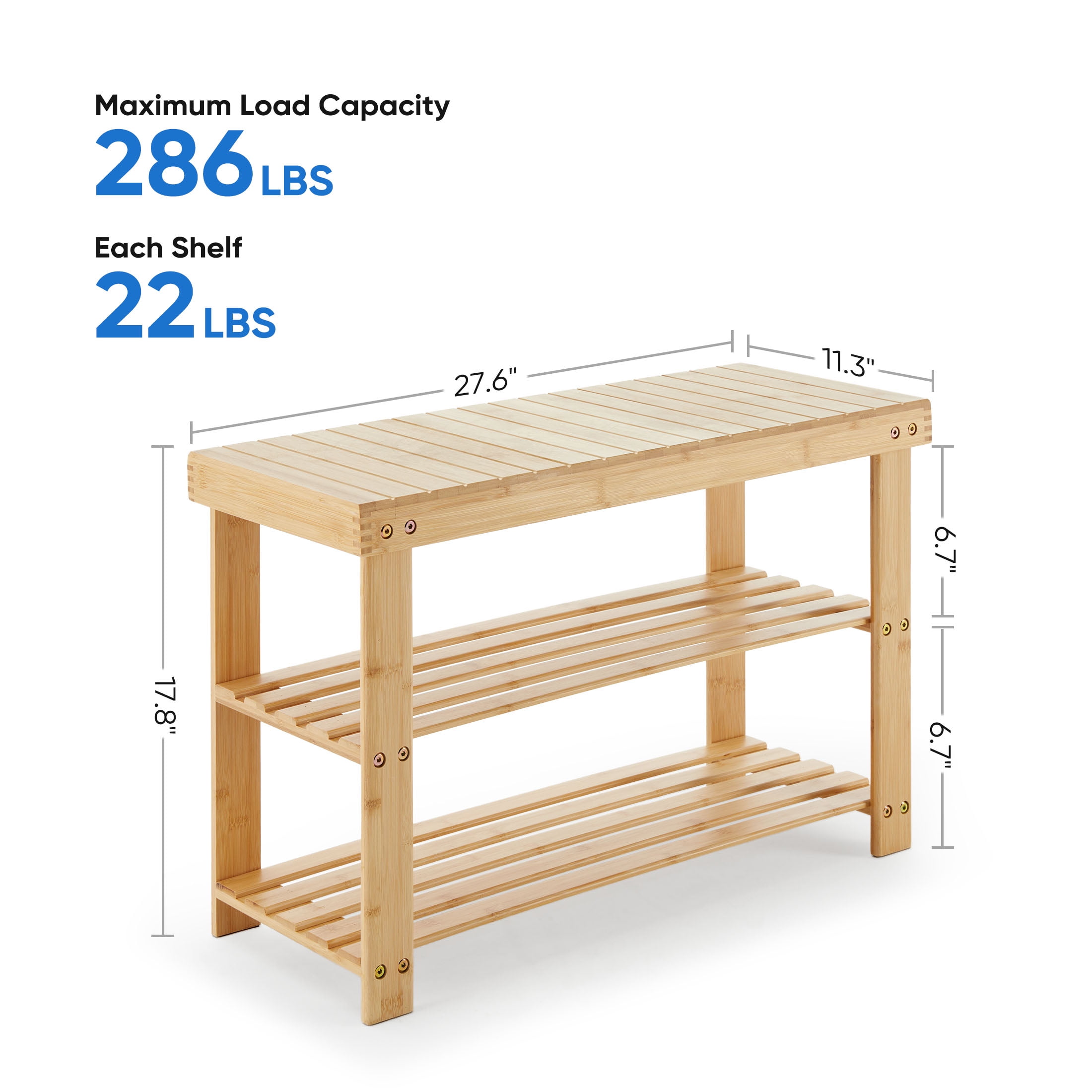 EDX 3-Tier Bamboo Shoe Rack Bench, 11.3 x 27.6 x 17.8 Inches Compact Storage Organizer with 286lb Capacity for Entryway, Bedroom and Living Room, Wood